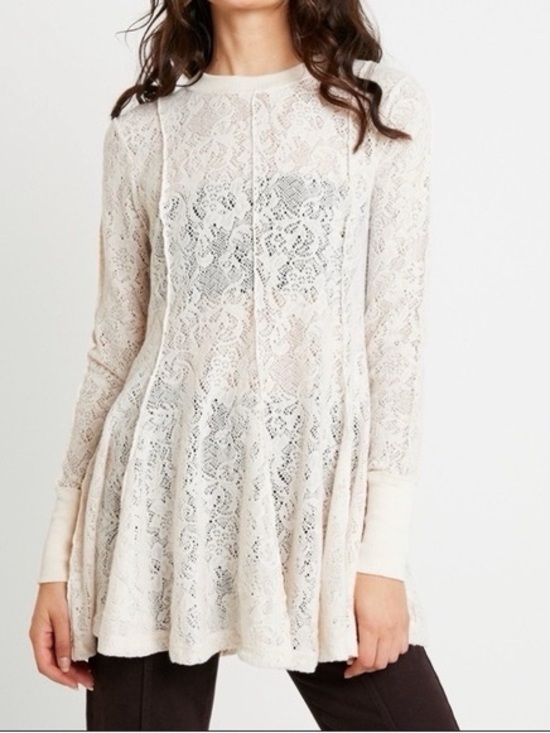 Free People Dresses & Skirts - Free people coffee in the morning sheer Lace Long-Sleeve Swing Dress in Cream